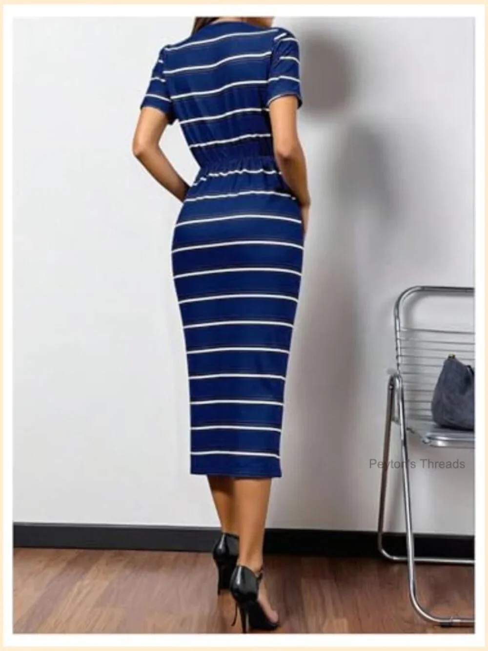 Women's Striped Midi Dress Short Sleeve Drawstring Waist Summer Work Casual - Picture 2 of 5